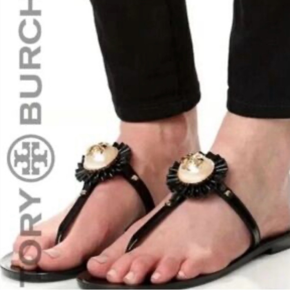 Tory Burch Black and Gold Thong Sandals